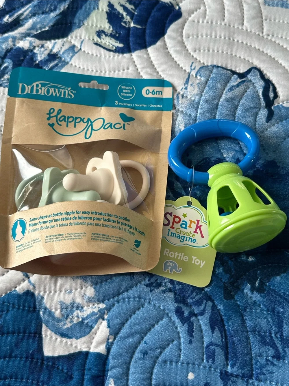 HappyPaci Silicone Pacifiers (0-6m) with Green & Blue Rattle Toy